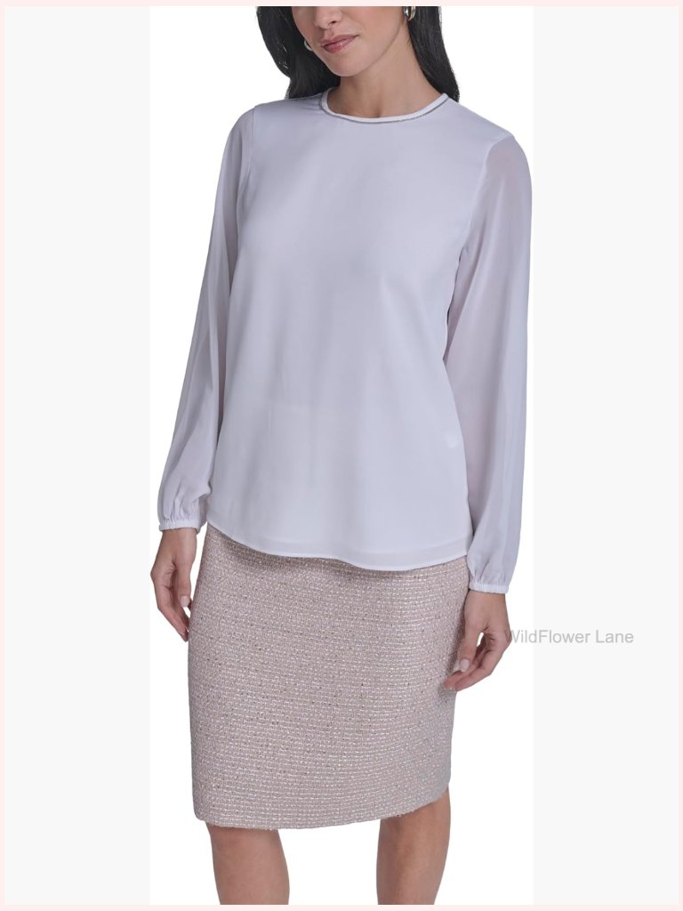 Long Sleeve Crew Neck Blouse, Solid Button Down Work Shirt